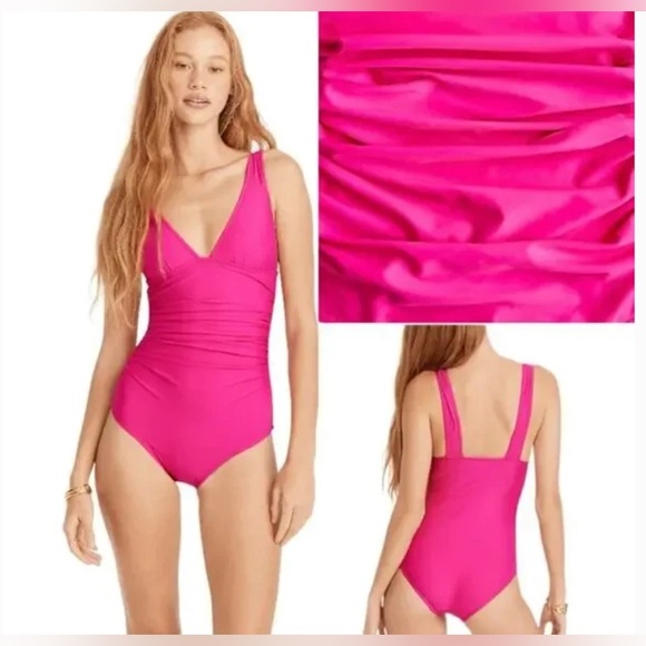 J.Crew Plus Size Ruched V-neck One-piece swimsuit NWT Radiant Fuchsia Pink BC116 - Picture 3 of 4